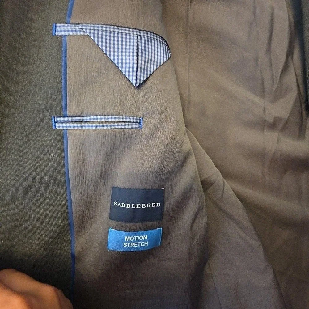 Saddlebred Perry Ellis Suit Mens 44R 36x32 Gray Check Slim Stretch 2 Piece Set